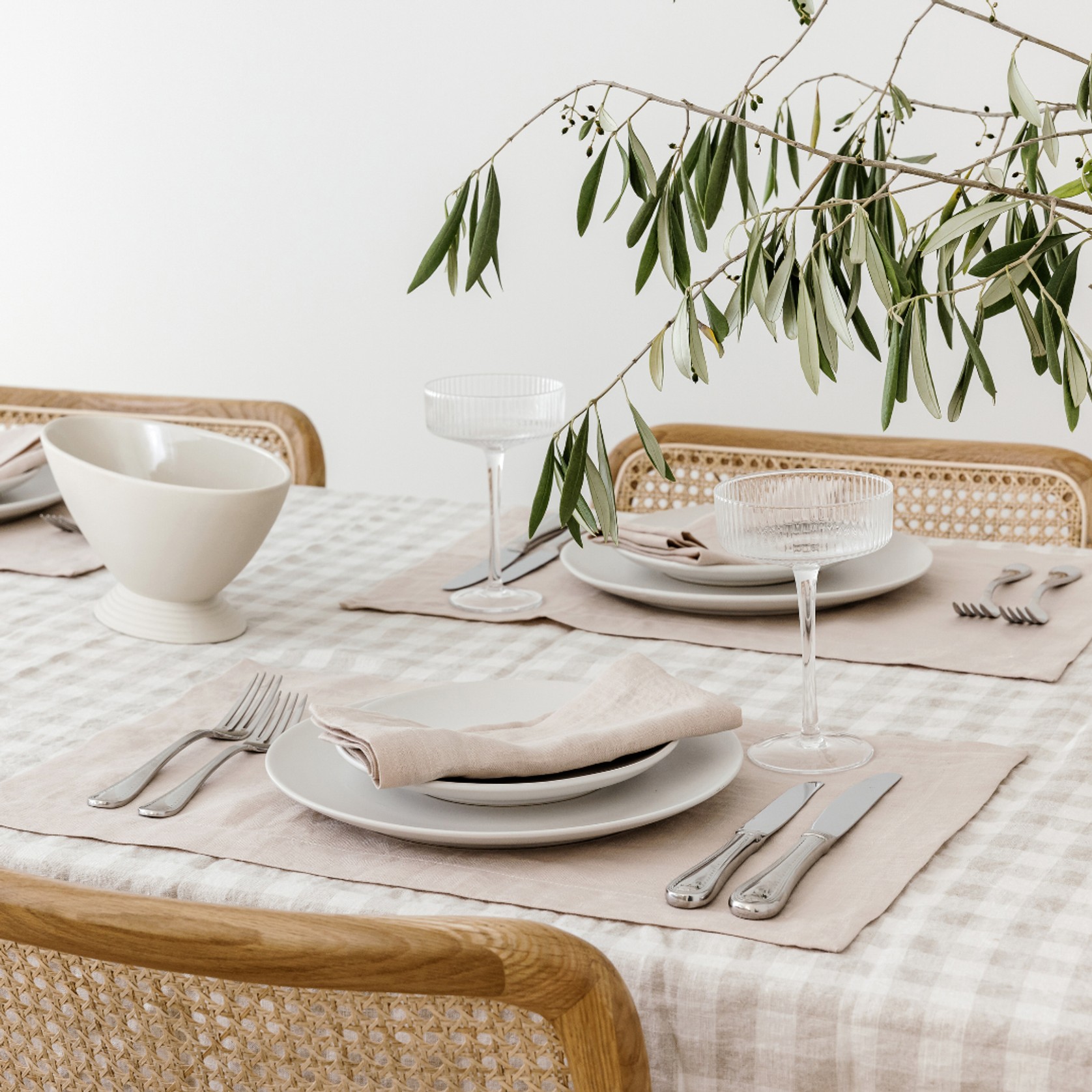 100% French Flax Linen Tablecloth- Natural Gingham gallery detail image