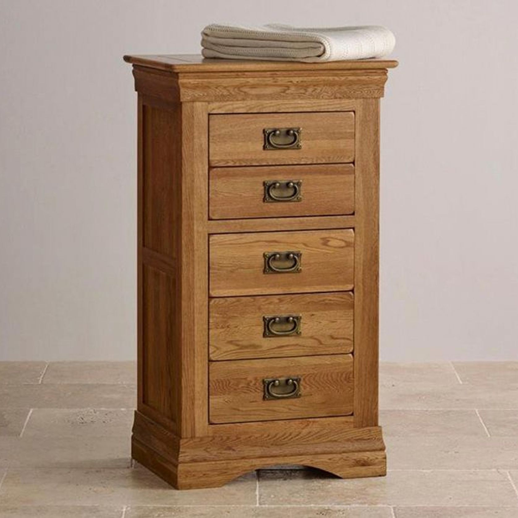 French Rustic Solid Oak 5 Drawers Tallboy gallery detail image