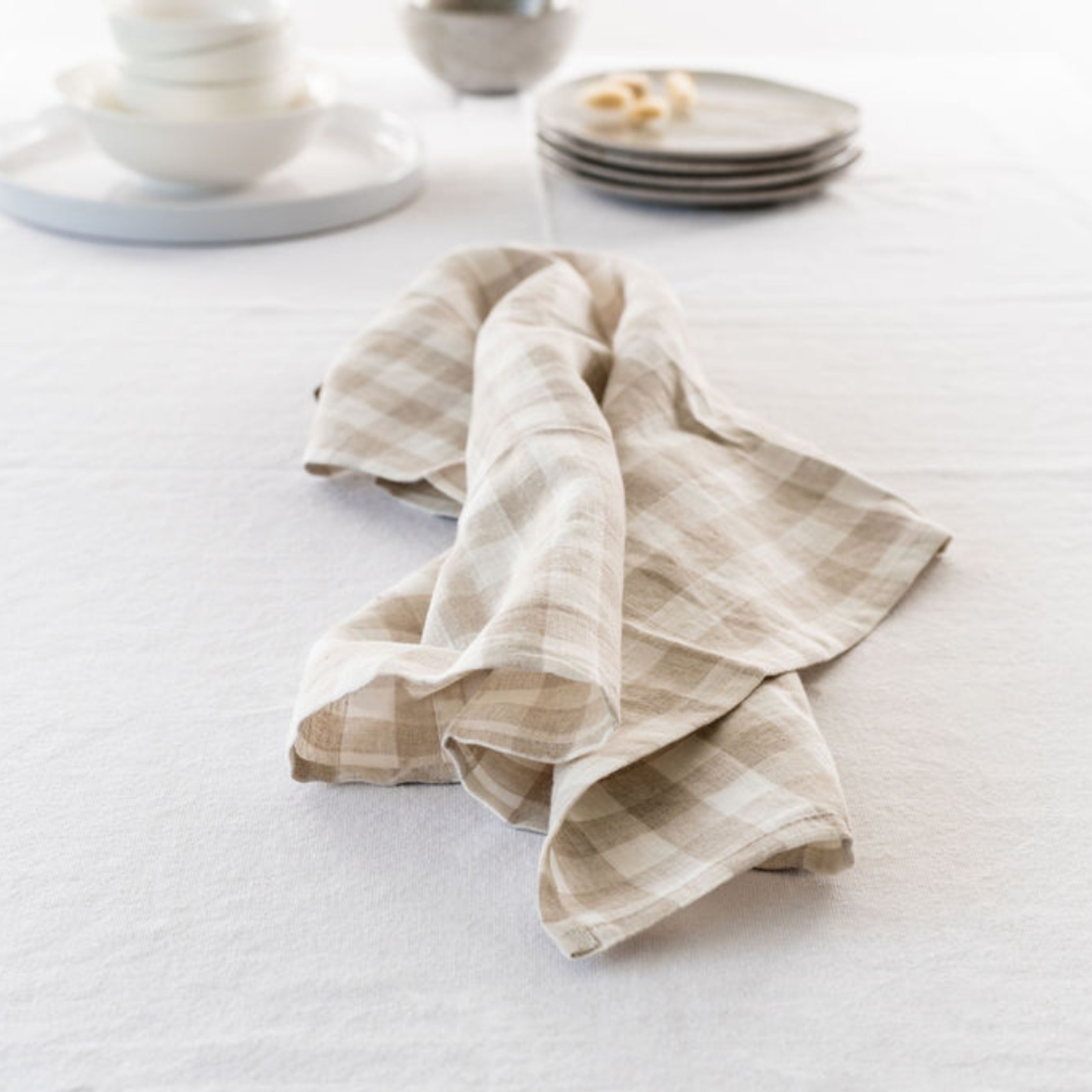 100% French Linen Tea Towel - Set 2-Natural Gingham gallery detail image