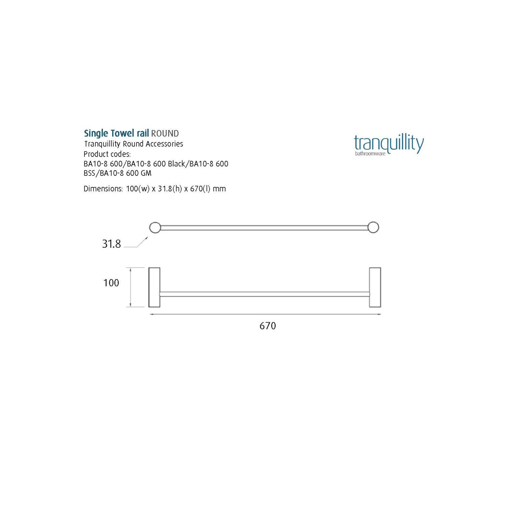 Single Towel Rail - 600mm gallery detail image