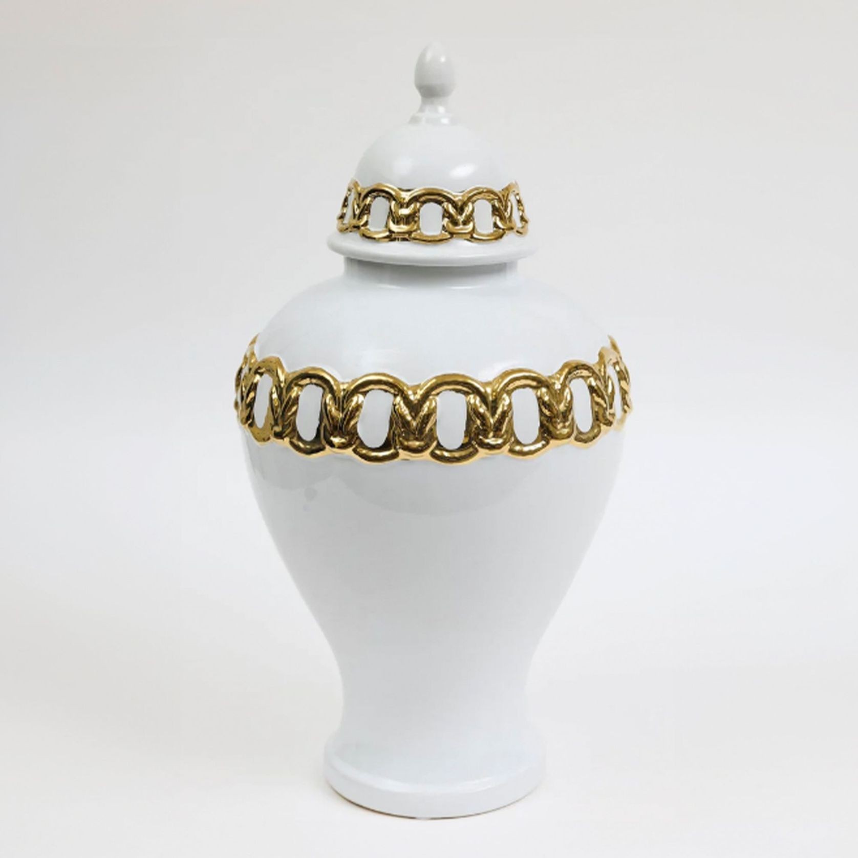 White Ceramic Ginger Jar With Gold Chain Details gallery detail image