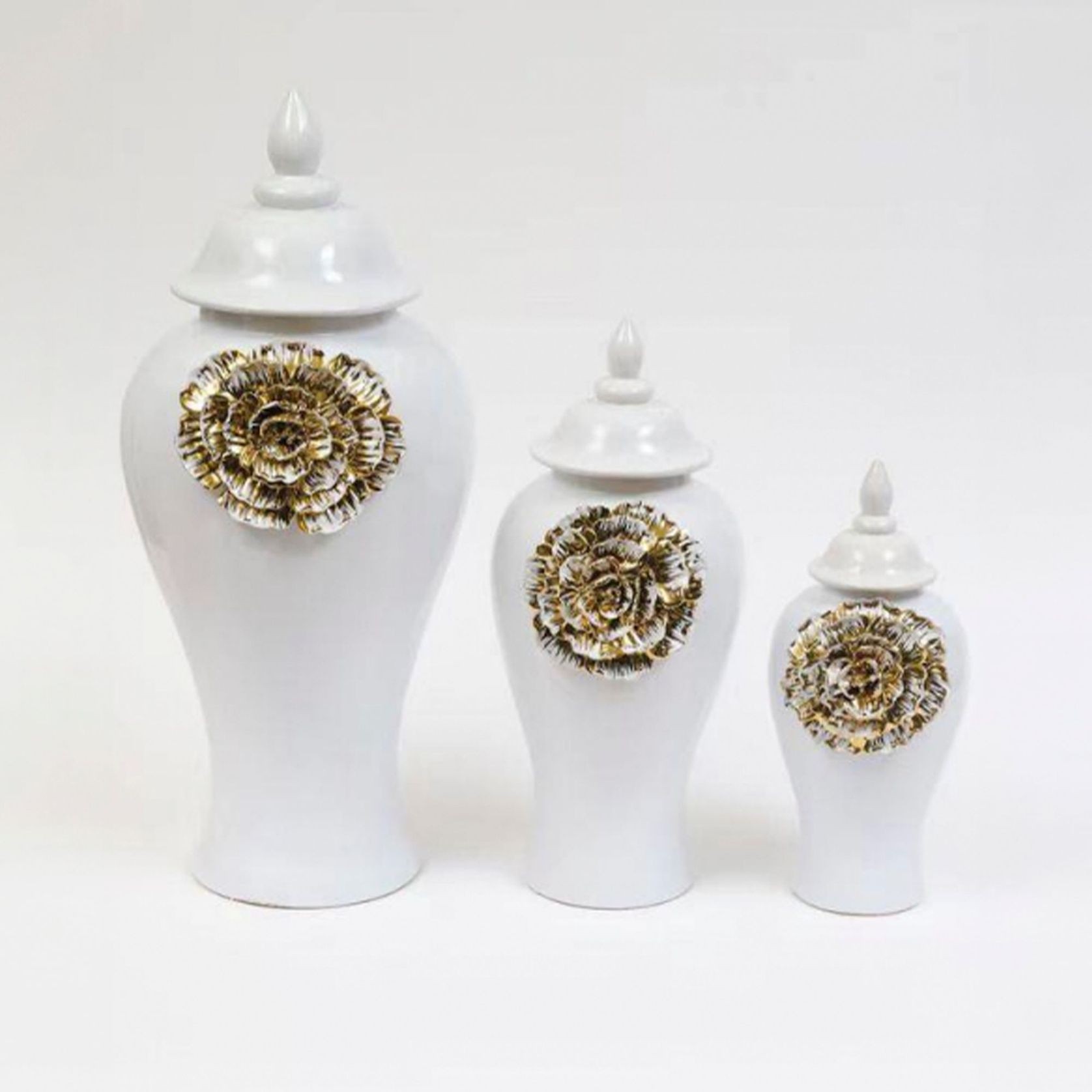 White Ginger Jar With Large Gold Flower Detail gallery detail image