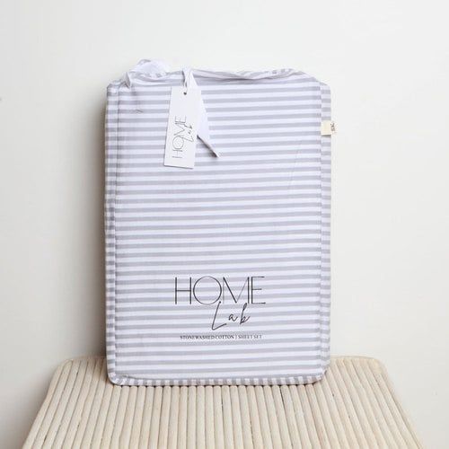 100% Stonewashed Cotton Sheet Set- Wide Light Grey Stripe