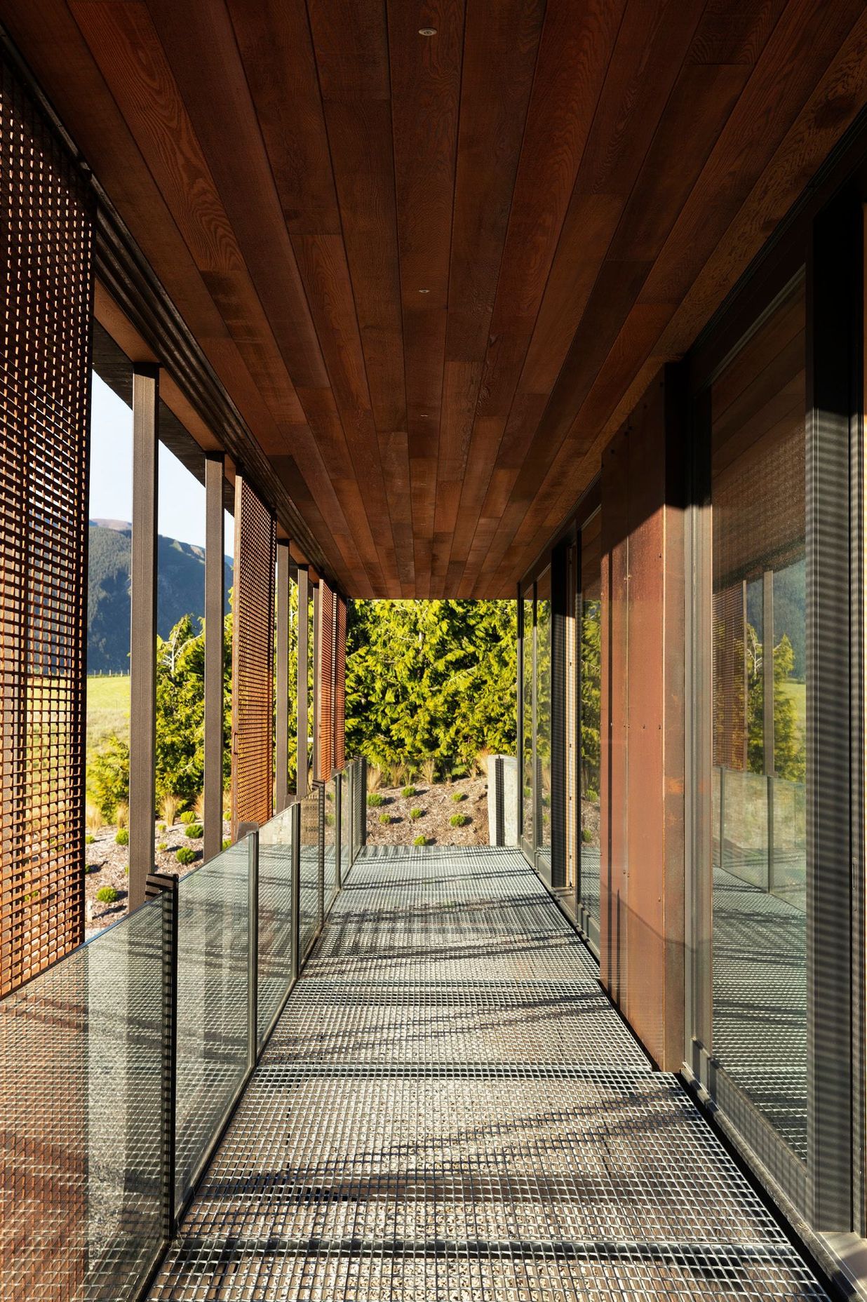 Steel and glazing in the veranda/walkway are softened by a cedar-clad soffit.