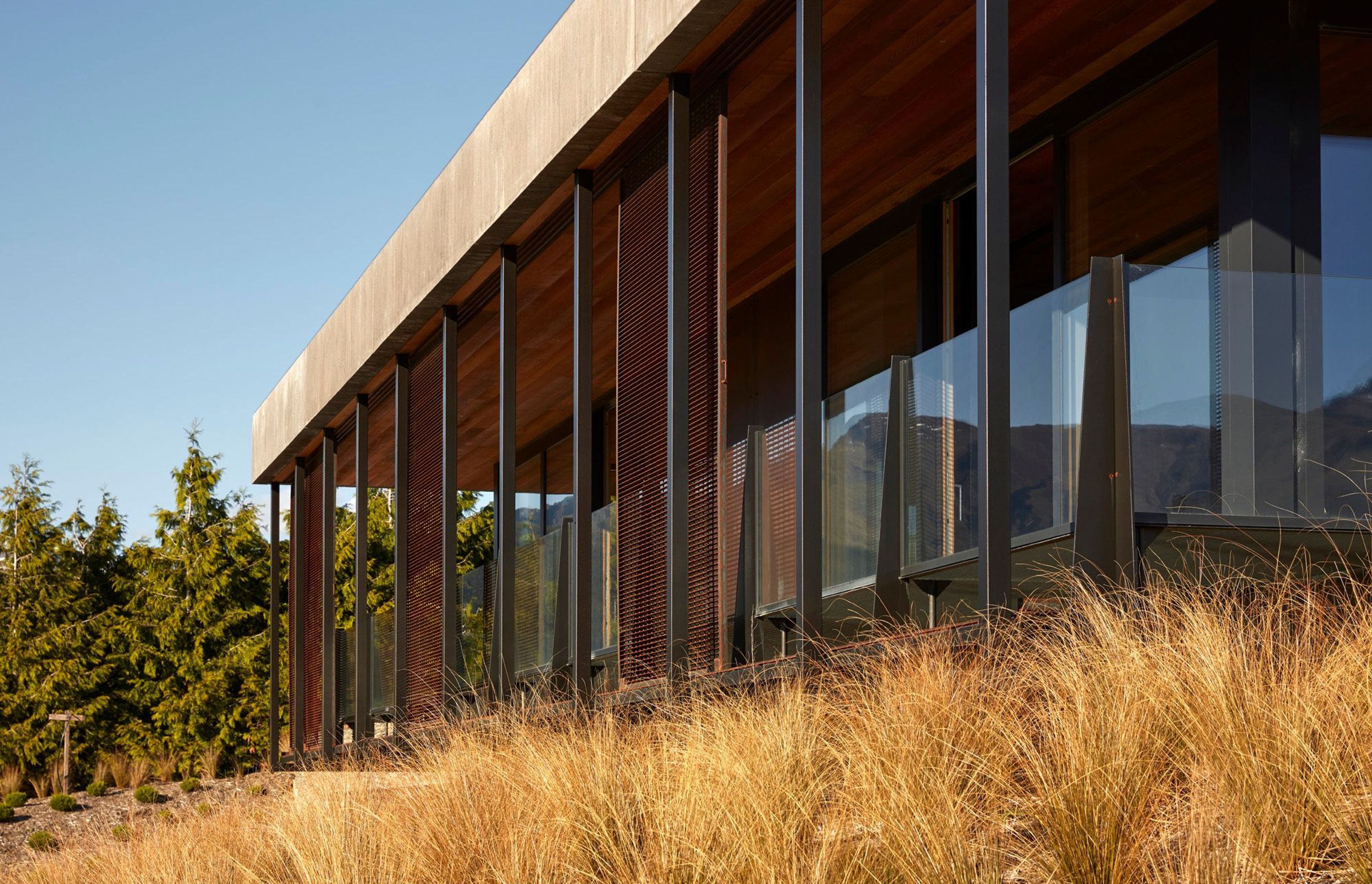 The veranda/walkway on the front elevation provides protection from central Otago's hot summers and cold winters.