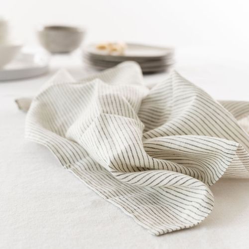 100% French Linen Tea Towel - Set 2-Charcoal Pinstripe