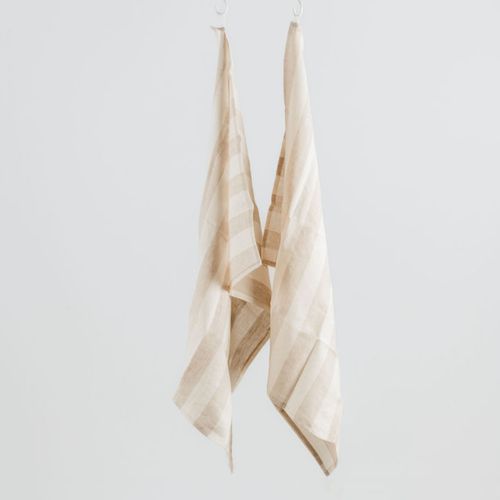 100% French Linen Tea Towel - Set 2-Wide Natural Stripe