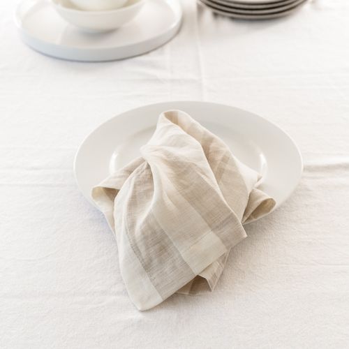 100% French Flax Linen Napkin- Set 4-Wide Natural Stripe
