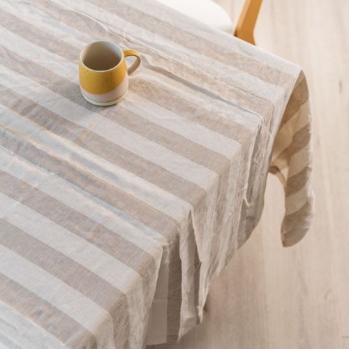 100% French Flax Linen Tablecloth- Wide Natural Stripe