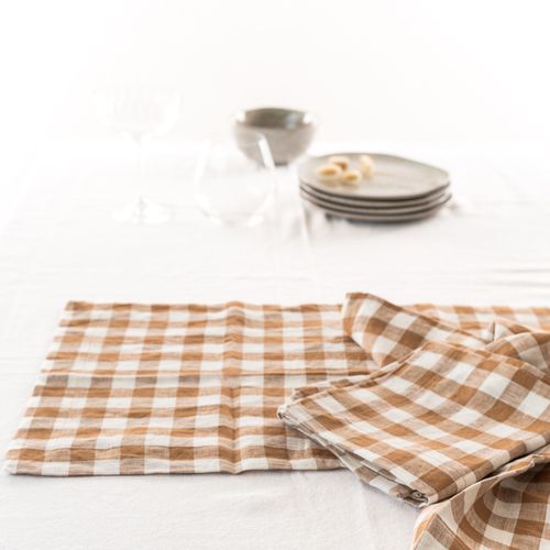 100% French Flax Linen Placemat Set 4- Ginger Gingham