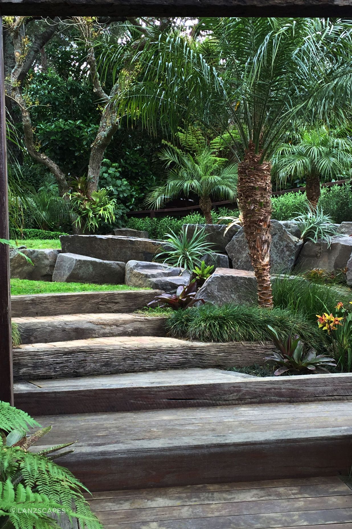 Rock retaining, hardwood sleeper steps and subtropical/native plantings