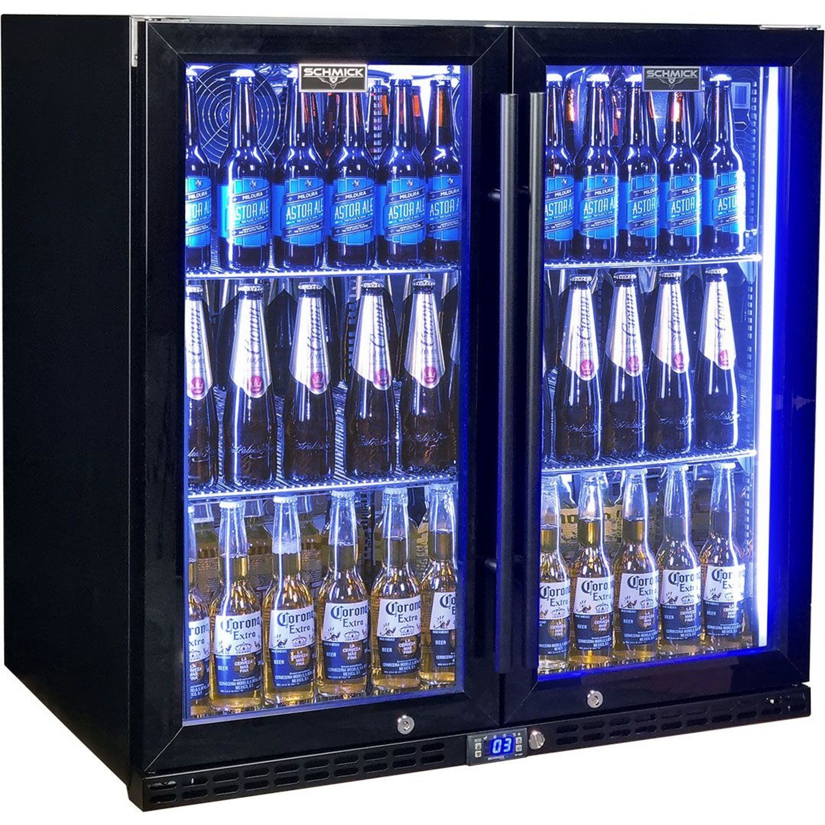 Black Heated Glass 2-Door Under Bench Bar Fridge gallery detail image