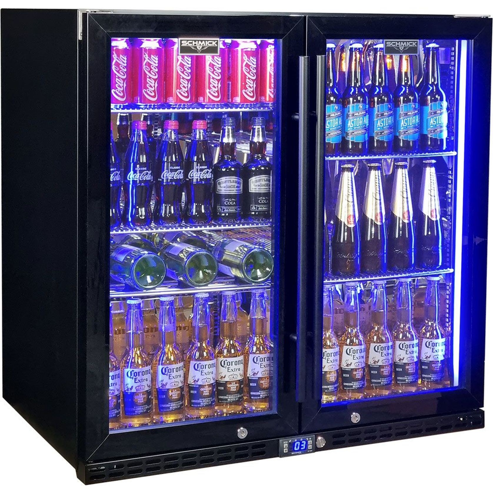 Black Heated Glass 2-Door Under Bench Bar Fridge gallery detail image