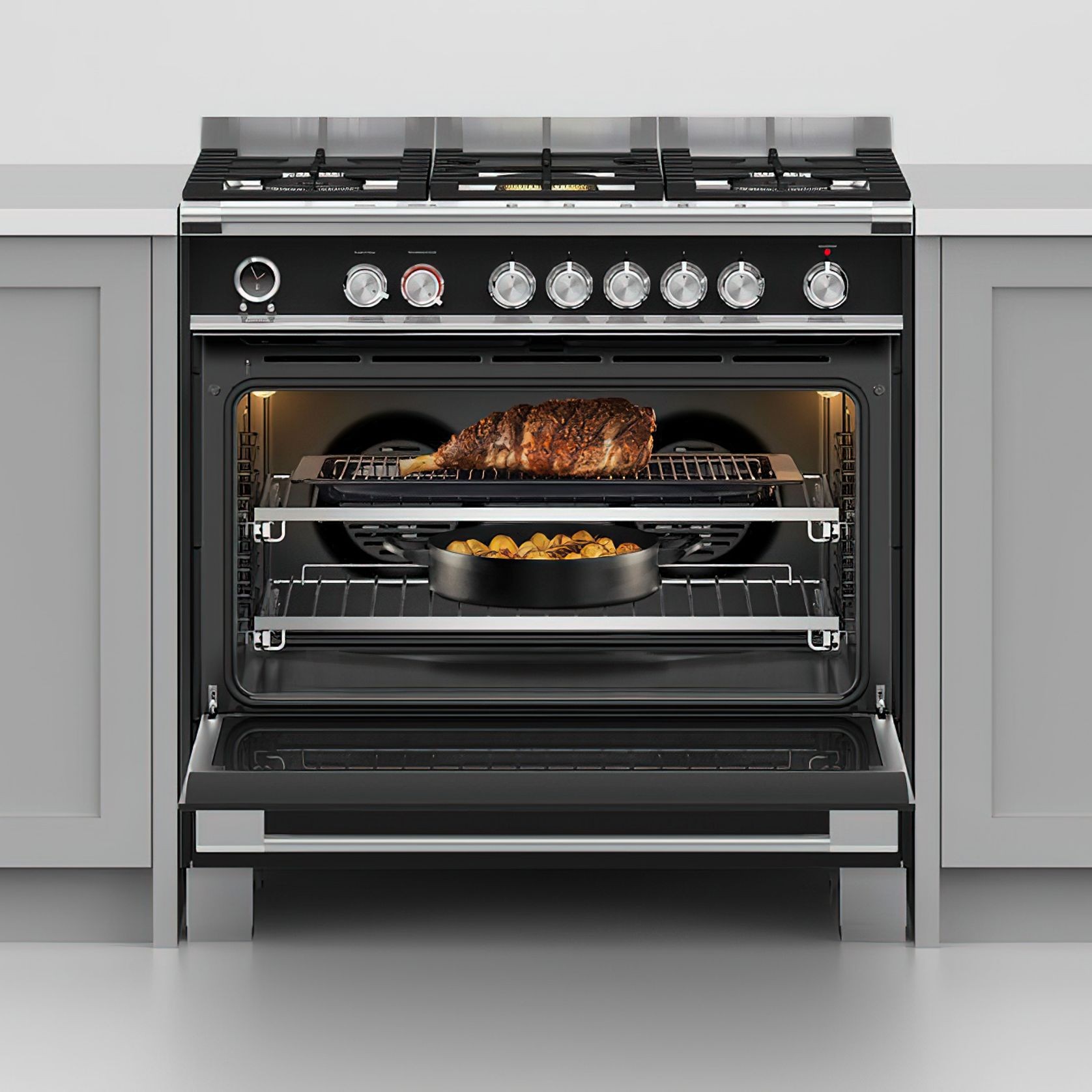F&P Freestanding Cooker, Dual Fuel, 90cm, 5 Burners | ArchiPro NZ