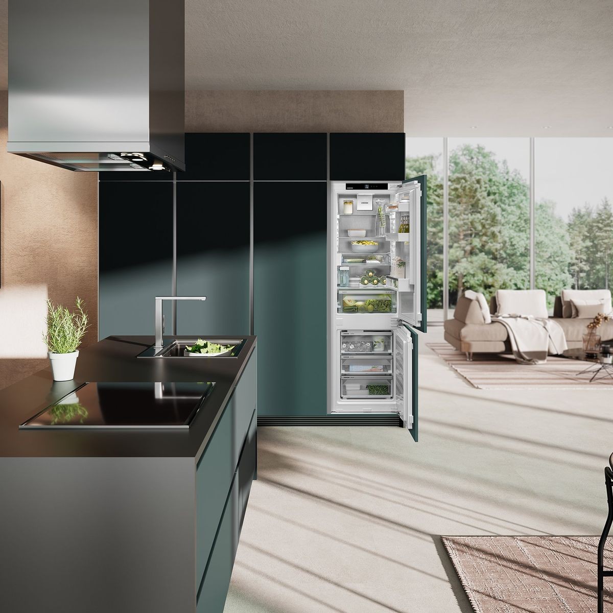 Quiet integrated fridge store freezer