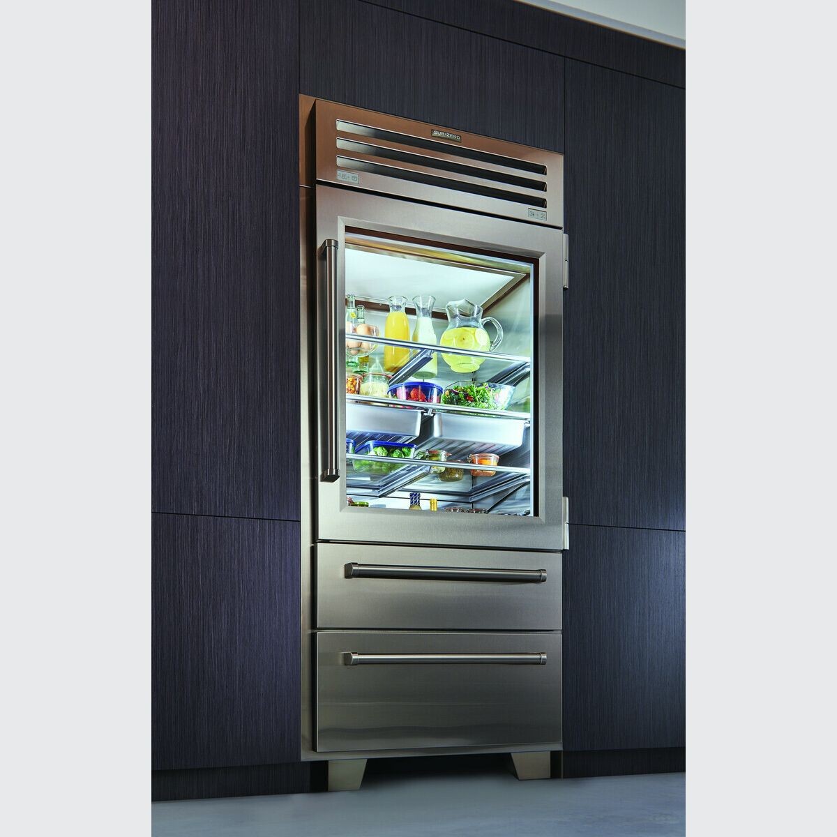 Glass front top refrigerator freezer