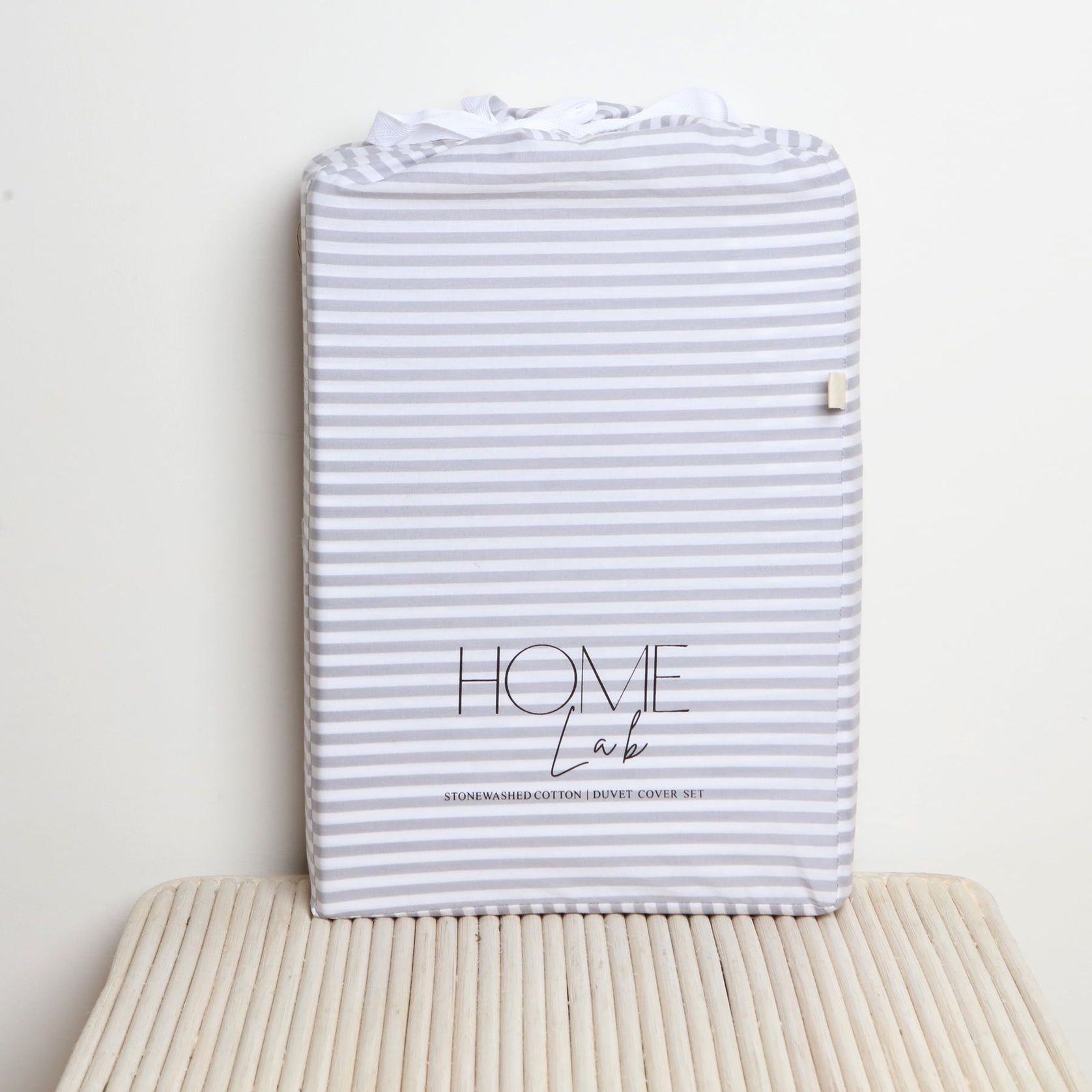 100% Stonewashed Cotton Duvet Set- Wide Light Grey Stripe gallery detail image
