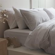100% Stonewashed Cotton Duvet Set- Wide Light Grey Stripe gallery detail image