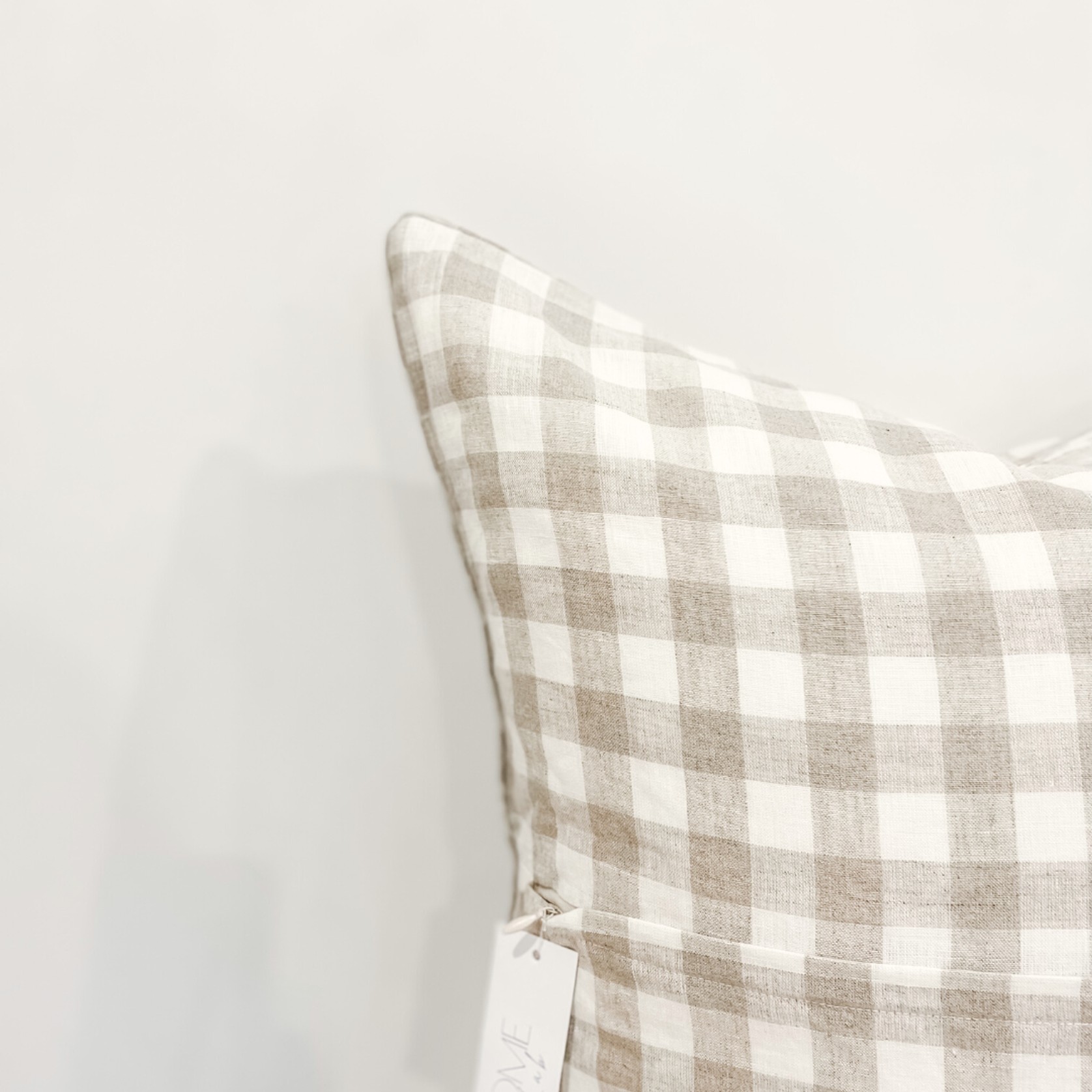 100% French Flax Linen Feather filled Cushion- Natural Gingham gallery detail image