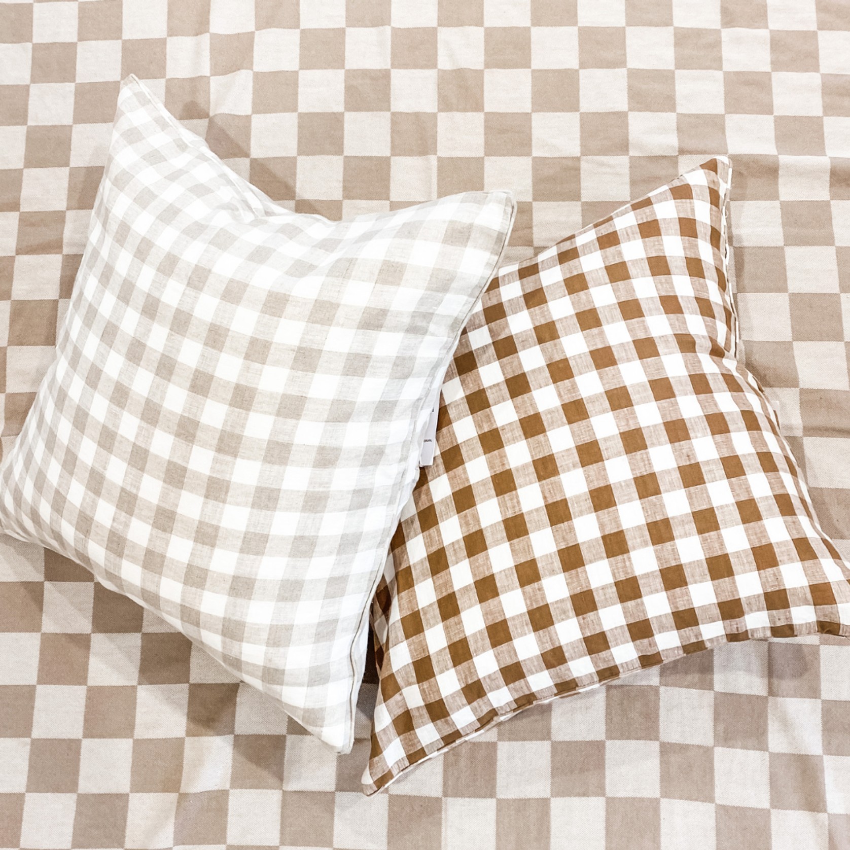 100% French Flax Linen Feather filled Cushion- Natural Gingham gallery detail image