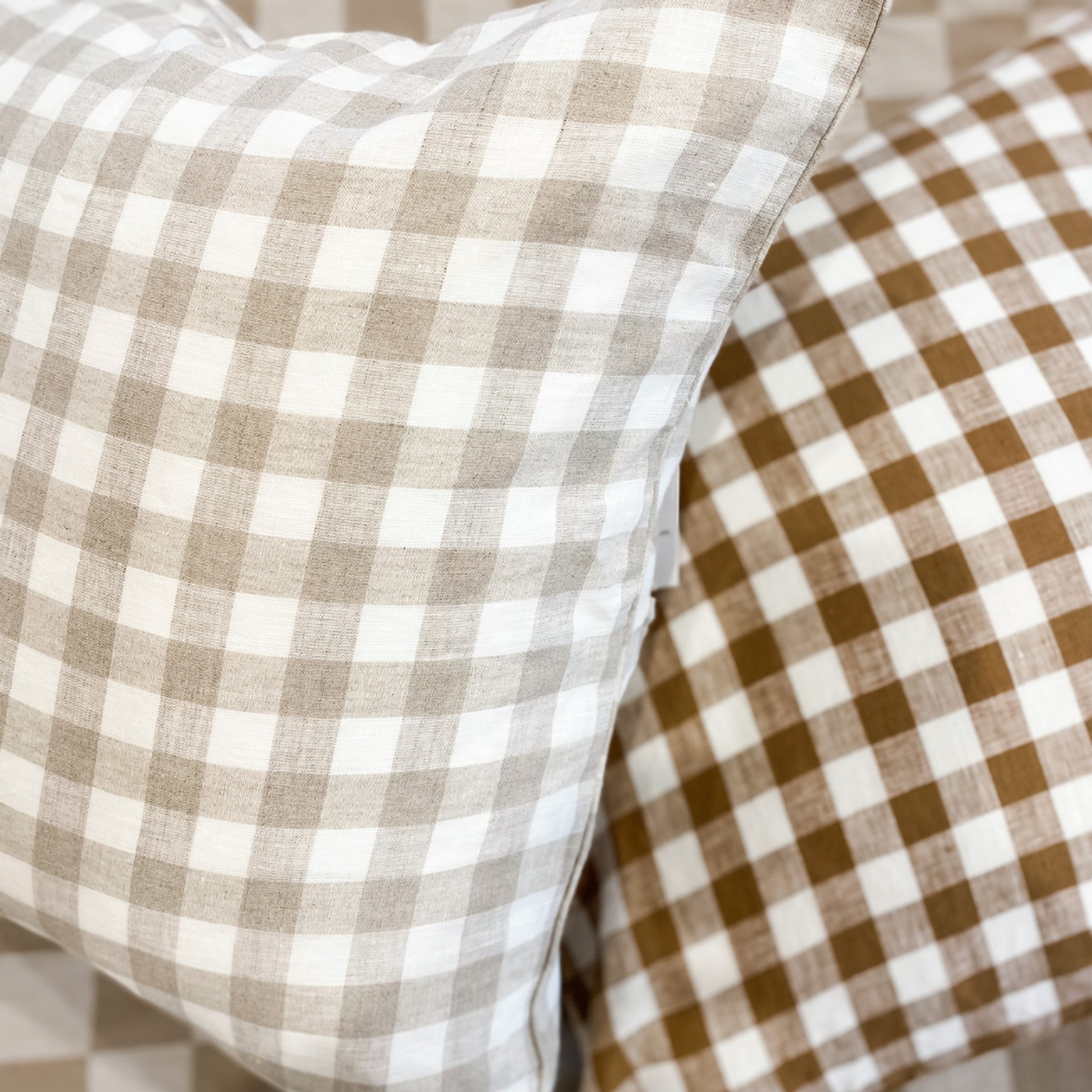 100% French Flax Linen Feather filled Cushion- Natural Gingham gallery detail image