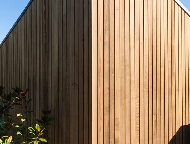 Close-up exterior view of a compact building with a sharp gable roof and tall vertical timber weatherboard cladding. The warm wood facade is strongly lit by sunlight, with a darker shaded side, concrete paving at the base, and landscaped plants in the foreground against a clear blue sky.