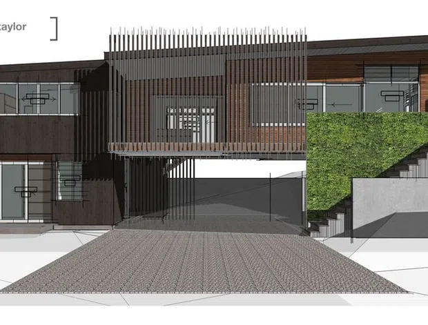 Architectural elevation rendering of a contemporary multi-level residence with dark cladding, warm timber garage and entry elements, extensive glazing, a central vertical slatted screen, cantilevered upper forms, integrated planting, and a sloped driveway leading to an undercroft parking area.