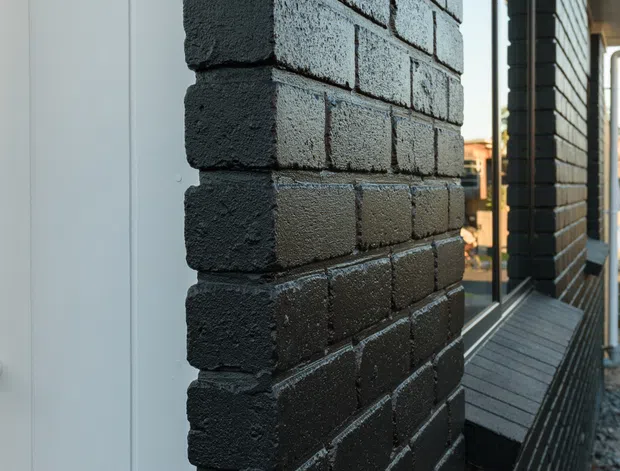 Close-up architectural detail of a dark charcoal brick exterior wall with deeply textured masonry and visible mortar joints. A projecting brick corner frames a recessed window, with a narrow metal or timber ledge and dark trim. White vertical cladding is visible at the left edge, while the covered walkway and gravel strip recede along the building.