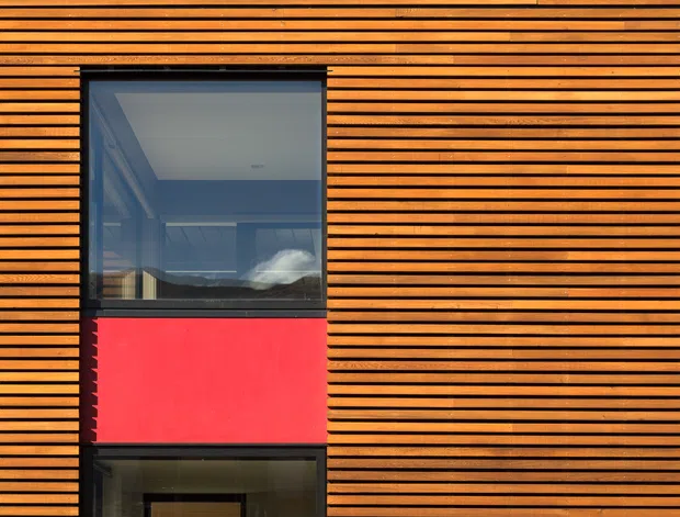 Close-up exterior view of a modern building facade clad in evenly spaced horizontal timber battens. A tall dark-framed window reveals a minimal interior and reflected sky, with a bold red opaque panel below and a glazed entry or lower opening at the base. The composition emphasizes the strong linear cladding pattern and contrasting red accent.