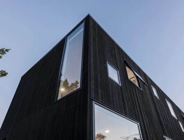 Low-angle exterior view of a sharply angular, multi-storey building clad in dark vertical timber boards. The faceted facade features tall irregularly arranged windows, including a prominent floor-to-near-roof glazed panel and smaller projecting or recessed openings. The image emphasizes the dramatic pointed roofline and black timber envelope against a pale sky.