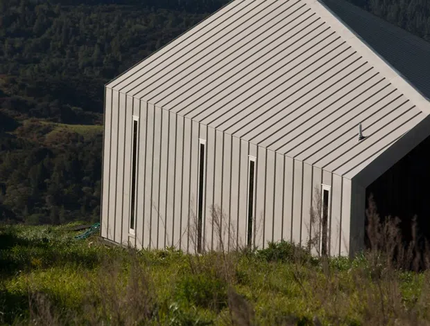 A modern gable-roofed building viewed from an elevated exterior perspective, set in a grassy rural or natural landscape with dense forest and a large body of water in the background. The building has a sharply folded, light-coloured standing-seam metal envelope, with narrow vertical windows and a dark recessed opening beneath the sloping roof.