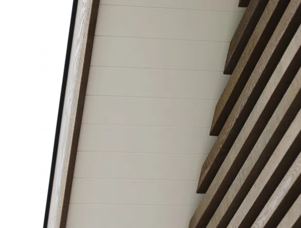 Close-up upward view of an exterior architectural overhang or soffit. The white horizontally lined ceiling contains a recessed light, bordered by dark timber framing and a prominent vertical screen of projecting timber battens on the right. The composition highlights clean modern detailing, layered wood texture, and strong linear geometry.