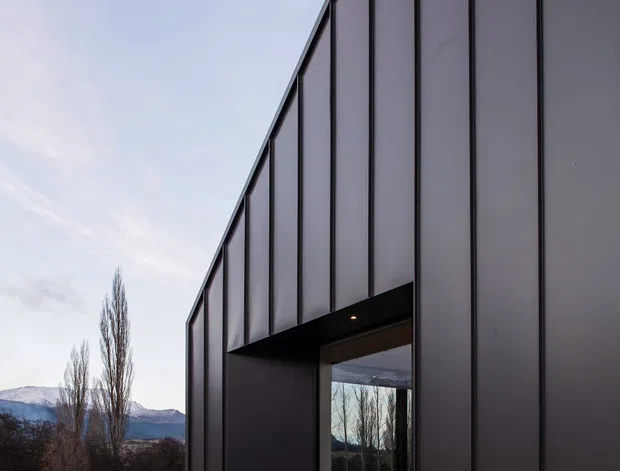 A close-up exterior view of a contemporary dark metal-clad building with strong vertical panel seams and a sharply sloping roofline or side profile. A large recessed window opening reflects the surrounding landscape, while a gravel strip borders the base. The building sits in a landscaped lawn with tall slender trees and distant mountains visible in the background.