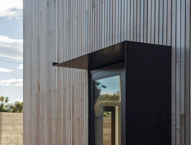 Close-up exterior view of a contemporary building entrance. The facade is clad in closely spaced vertical timber battens, with a tall dark-framed glazed door recessed beneath a projecting black metal canopy and side enclosure. A concrete boundary wall, paving, landscaping, and blue sky are visible around the entry.