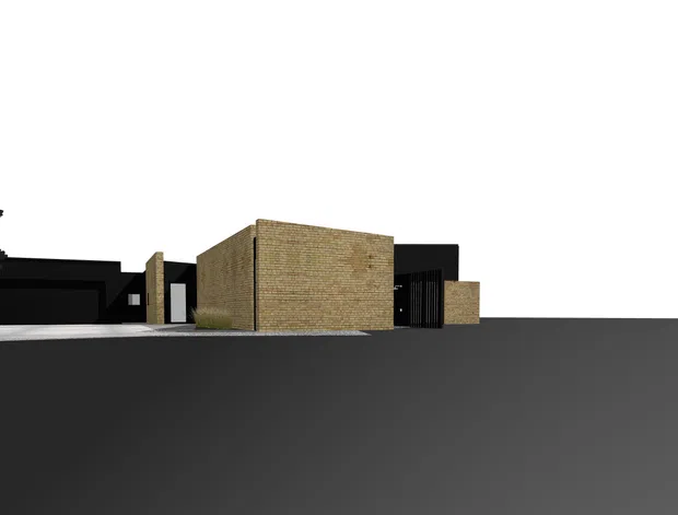 A minimalist architectural rendering of a low-profile modern building composed of dark rectangular volumes and a prominent tan masonry or stone-clad central volume. The structure sits on a stark dark ground plane against a plain white background, with a silhouetted tree at the left and limited visible landscaping.