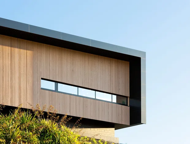Contemporary building facade photographed from outside, featuring a projecting upper volume clad in vertical timber battens, a narrow horizontal strip window, dark recessed soffit detailing, and contrasting dark and light metal edge cladding. Landscaping is visible at the base against a clear sky.