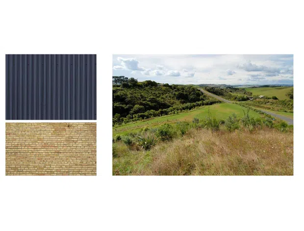 A material and landscape composition showing two facade samples on the left—a dark vertically ribbed cladding panel above a tan brick wall—and a broad rural, rolling green landscape with a winding road on the right.