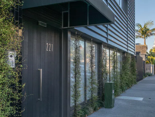 Street-level view of a contemporary dark-clad building facade with a recessed entry door marked 221, projecting canopy, tall glazed frontage, and horizontal metal wall cladding. Vertical greenery softens the facade along the footpath. The urban streetscape includes neighbouring buildings, palms, utility infrastructure, and a visible speed-limit sign.