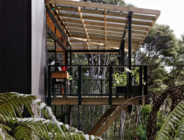Exterior view of a modern elevated timber-framed house nestled among dense native forest. The image focuses on a raised outdoor deck or balcony with black metal railings, exposed timber framing, a translucent roof canopy, and dark vertical exterior cladding. Lush ferns and trees surround the structure.