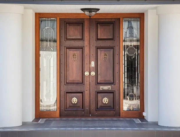 Formal residential entrance featuring a dark timber double door with raised decorative panels, brass hardware and ornate leadlight sidelights, framed by a warm timber surround and large white classical columns. The entry sits beneath a covered porch with dark tiled flooring and a traditional lantern-style ceiling light.