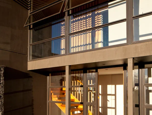 A contemporary multi-level residential entrance courtyard with extensive glazing, dark structural framing, a warm timber ceiling with linear slatted detail, and an internal open-riser timber staircase visible behind glass. Strong afternoon sunlight creates geometric shadows across the windows and entry. A timber walkway and planted shrubs occupy the foreground.