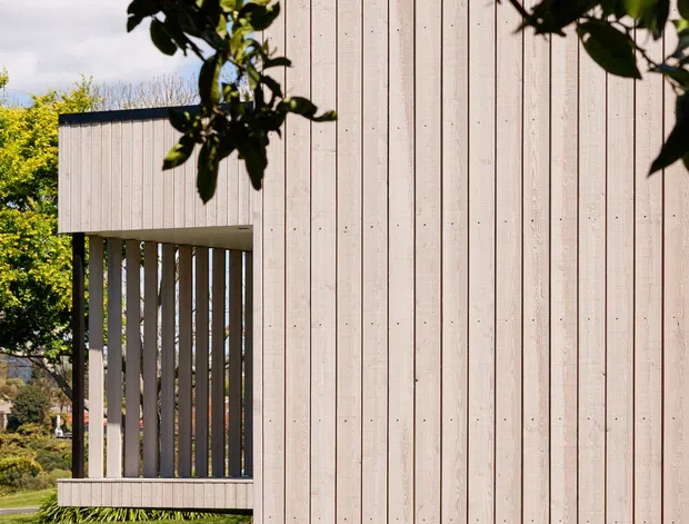 A modern elevated building exterior framed by an orange tree, with pale vertical timber cladding, a projecting box-like volume, and a screened balcony or covered walkway supported above a lawn. The image highlights simple rectilinear massing, timber screens, and integration with a landscaped garden.