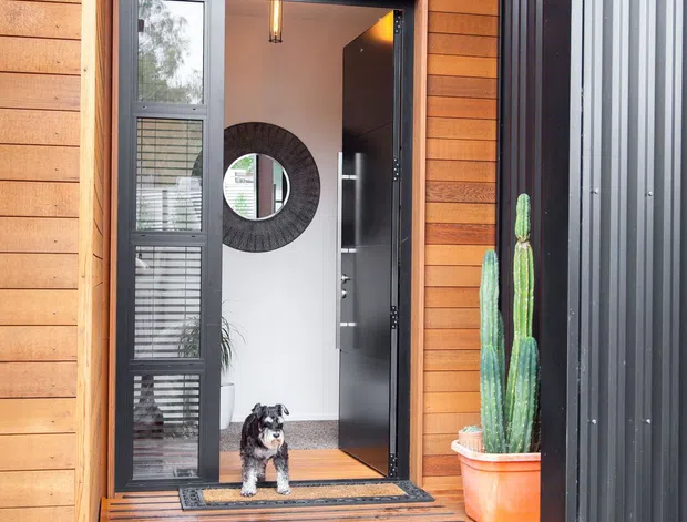 A close view of a contemporary residential entryway with warm horizontal timber cladding, a timber-decked entrance stair, dark metal vertical cladding, and a glazed dark-framed front door. A potted cactus sits beside the entrance, while the interior hallway is visible through the open door.