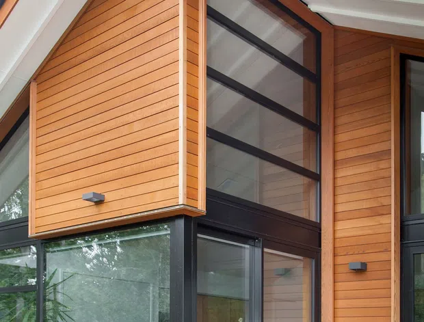 Close-up exterior view of a contemporary home entrance with warm horizontal timber cladding, expansive dark-framed glazing, a glazed pivot or hinged door, sheltered soffit with recessed lights, and a timber deck. A dining area is visible through the glass.