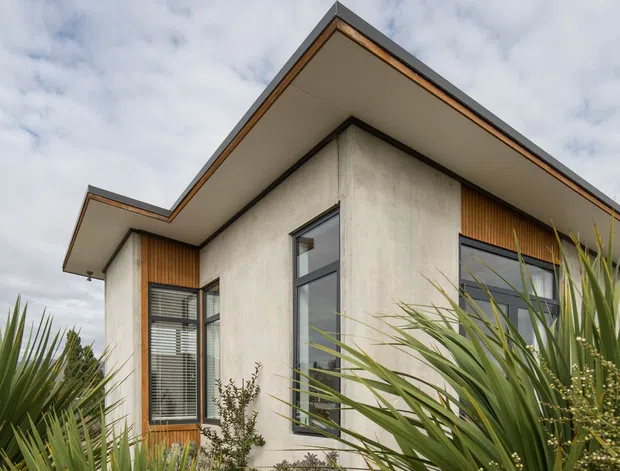 Low-angle exterior view of a contemporary single-storey home, featuring a sharply pitched asymmetrical roof, projecting eaves, smooth light concrete or rendered walls, warm vertical timber cladding, and dark-framed windows. The building is surrounded by drought-tolerant sculptural grasses and spiky plants in a gravelled landscaped garden beneath a cloudy sky.