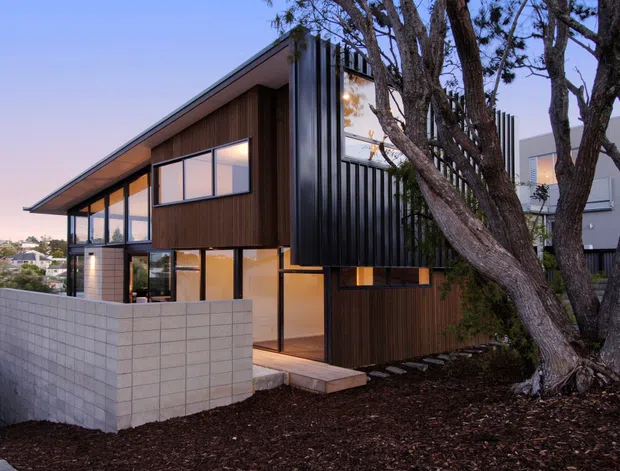 Exterior view of a contemporary multi-level residential building on a sloping suburban site. The home features dark vertical timber cladding, black ribbed metal screening, extensive floor-to-ceiling glazing, projecting roof eaves, and a low light-grey masonry boundary wall. Mature trees partially frame the facade.