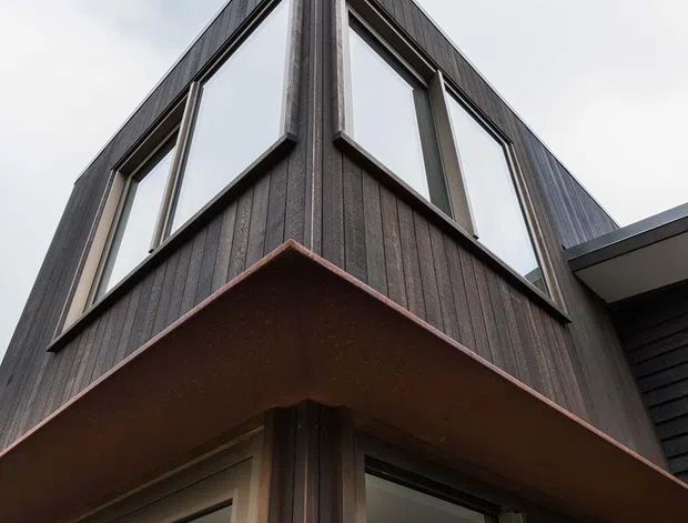 Close-up exterior view of a sharply angular, multi-level building corner with dark vertical timber cladding, dark-framed angular glazing, and a projecting soffit or canopy. The composition emphasizes the faceted roofline and geometric facade against an overcast sky.