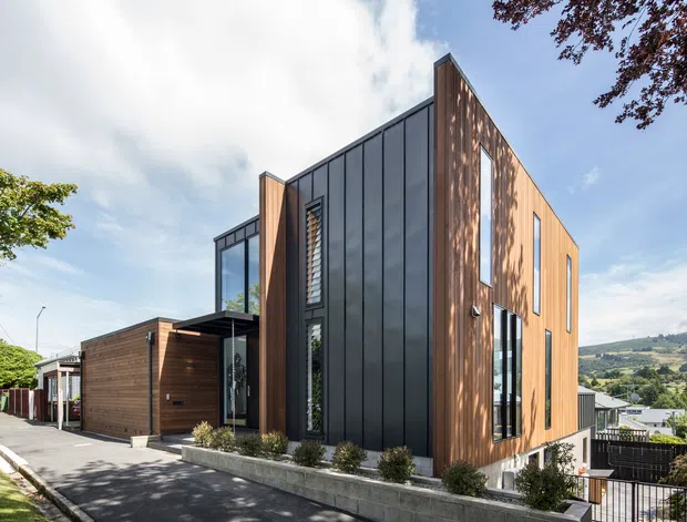 Contemporary multi-level residential building on a sloping suburban site, viewed from the street. The angular facade combines dark vertical metal cladding with warm timber cladding, tall narrow windows, and a recessed glazed entry. Terraced retaining walls, stairs, and neighbouring houses are visible, with a hillside landscape beyond.