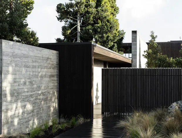 Contemporary residential facade with a flat-roofed, dark vertical-clad entry pavilion, pale board-formed concrete walls, a tall black slatted privacy fence, and a dark paved walkway. Native grasses and mature trees soften the minimalist architectural composition.
