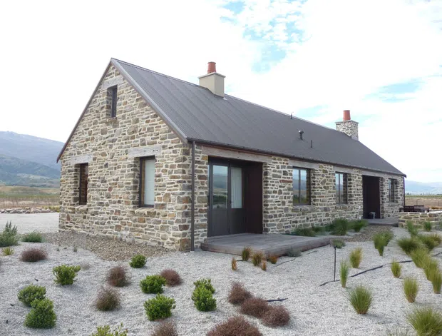 Exterior view of a single-storey stone cottage with a simple gabled metal roof, dark-framed windows and doors, chimney, timber entry deck, and minimalist gravel landscaping. The rural mountain setting is visible around the house.